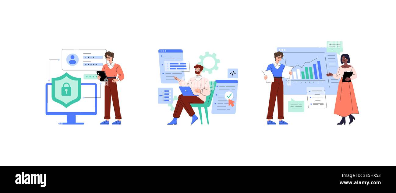 Vector illustration showing diverse team collaborating on software development and data analysis. Depicts teamwork in cybersecurity, coding, and analytics with charts and digital tools. Stock Vector