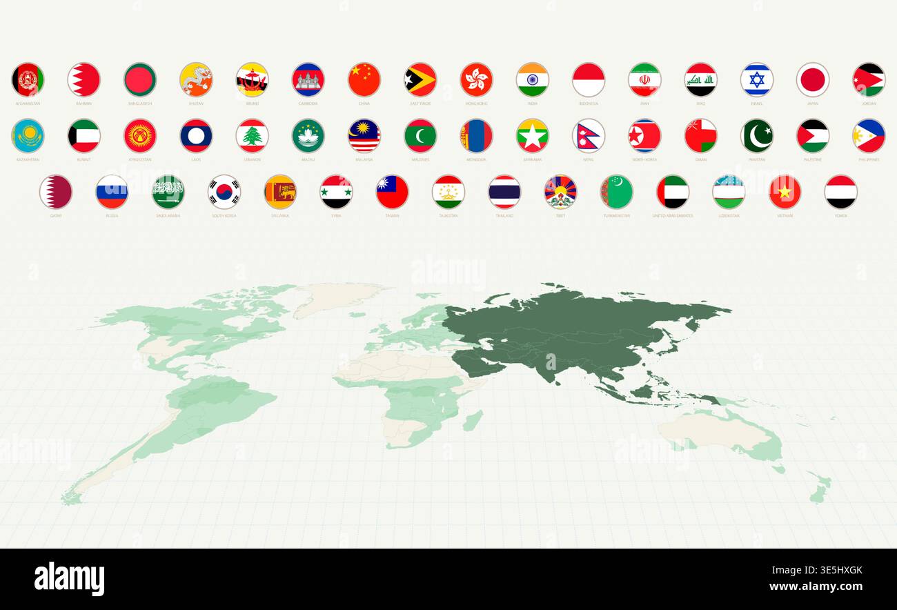 Collection of Round Flags of Asia with Asia Highlighted on a World Map ...