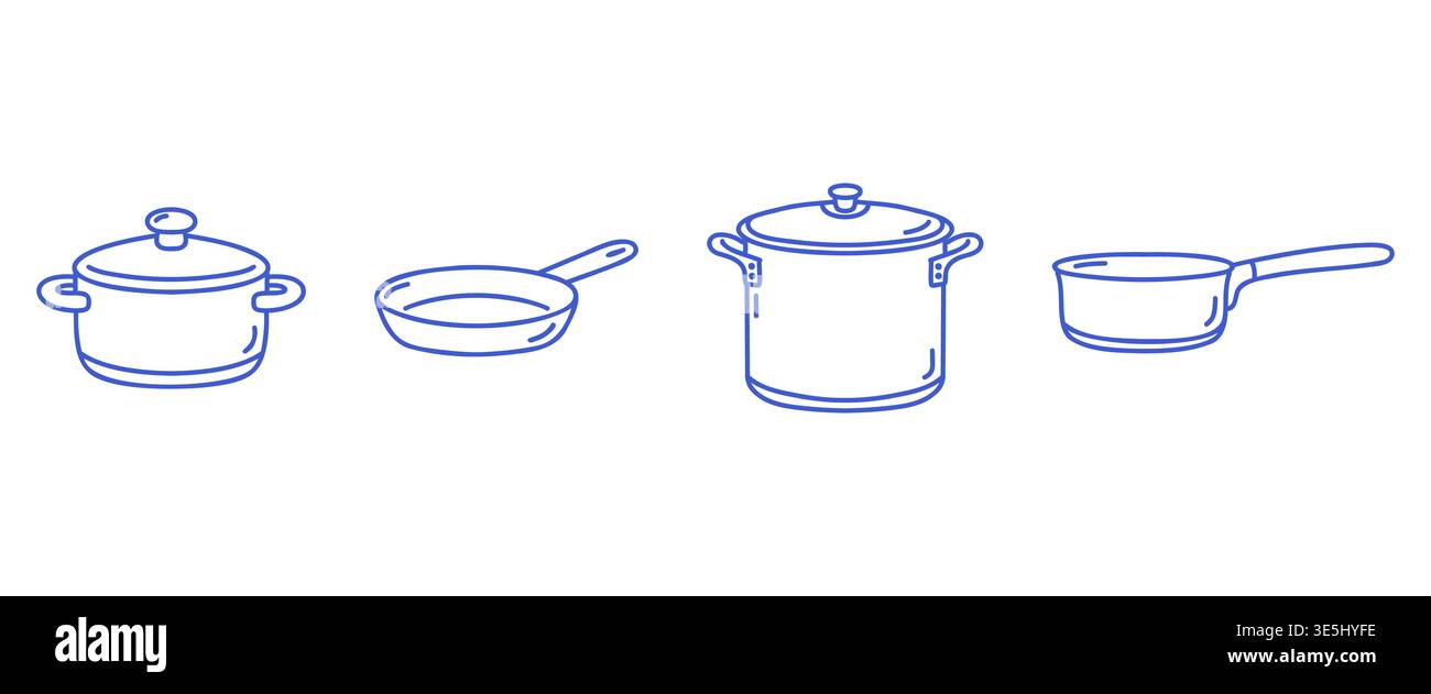 Cookware icons set with cooking pot with lid, frying pan, stockpot and saucepan. Blue line vector on white background. Stock Vector