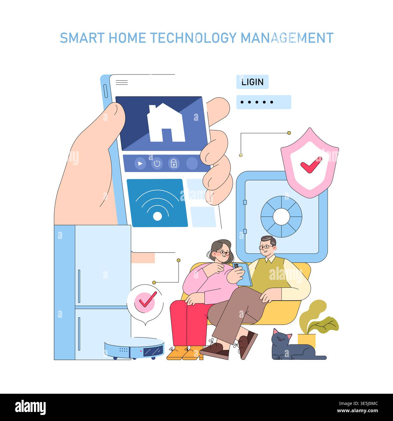 Smart home management illustration featuring a person holding a device displaying home control options. Seated couple reviews smart security features on a tablet. Vector illustration. Stock Vector