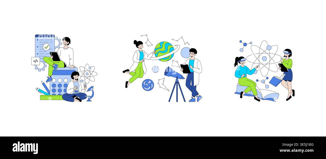 Vector illustration showing groups engaging in various scientific and tech-related tasks. The image includes coding, astronomy with a telescope, and analyzing atomic structures with VR. Stock Vector