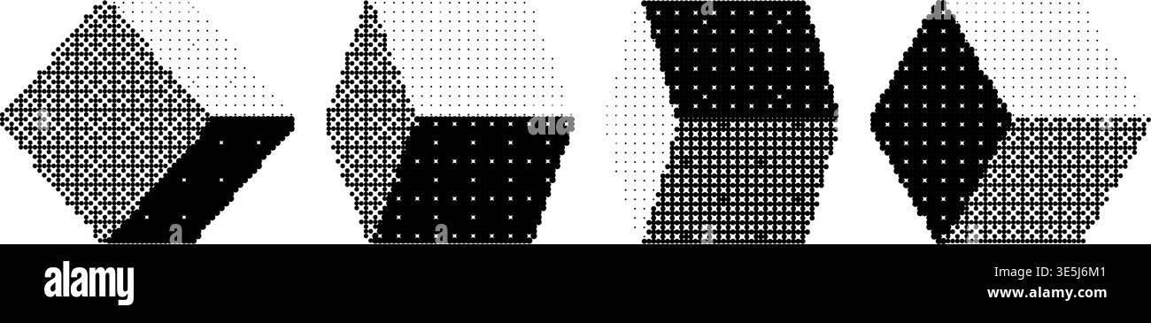 Pixelated cubes set. Bitmap 3D square form collection. Dither element pack for graphic design, banner, poster, leaflet. Halftone cube shape with rasterized effect. Vector pixel Y2K geometric bundle Stock Vector