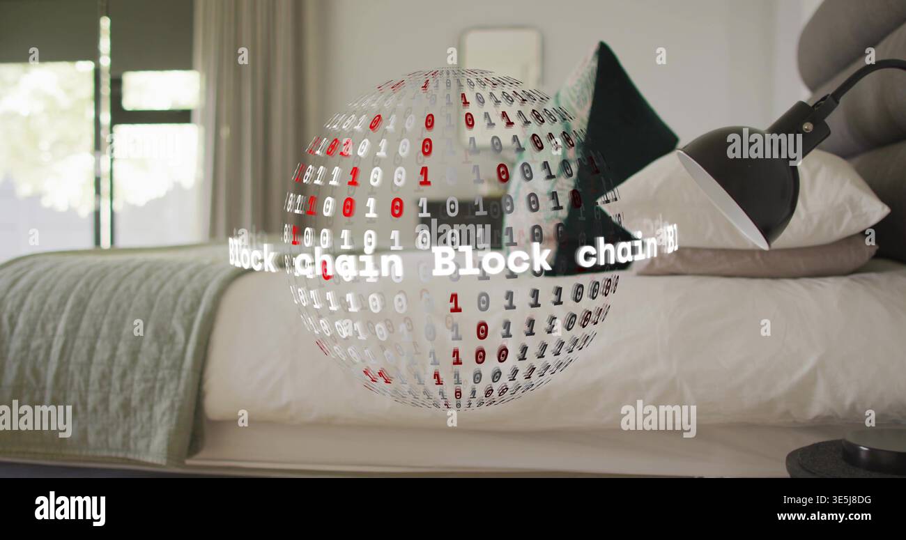 Projecting holographic globe hovering above bed in modern bedroom, with binary Block chain Stock Photo