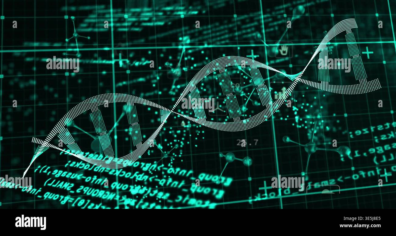Displaying stylized DNA double helix floating in virtual lab dashboard, with teal grid and code Stock Photo