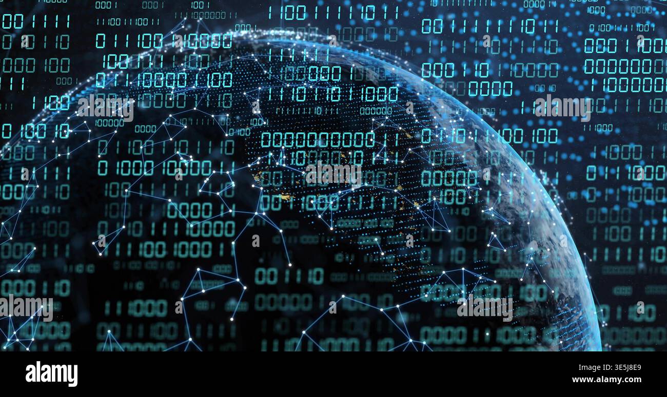 Displaying stylized Earth hemisphere rotating in digital space, streaming binary digits and nodes Stock Photo