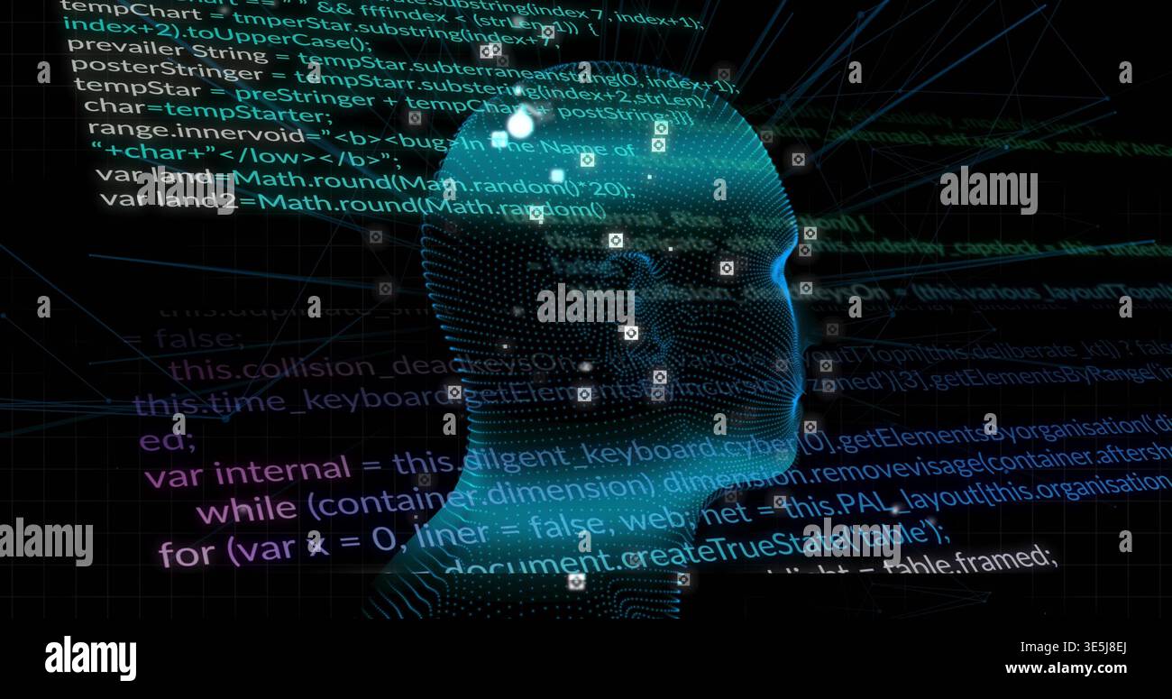 Floating stylized 3D head displaying code fragments in virtual cyberspace, showing node markers Stock Photo
