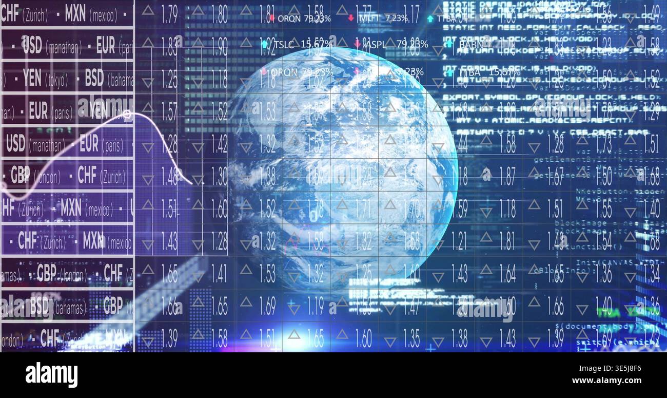 Displaying central Earth globe rotating over market UI, with fx rates, data grid, icons and code Stock Photo