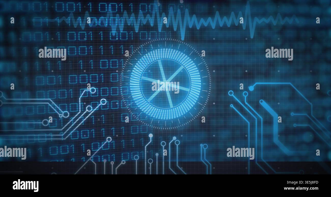 Pulsing circular HUD element sending data in virtual dashboard showing binary grid waveform traces Stock Photo