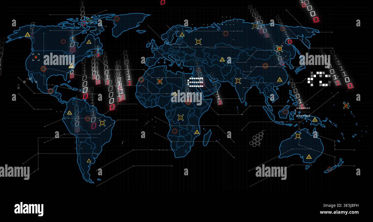 Displaying stylized world map on control HUD, showing yellow warnings, red targets, binary streams Stock Photo