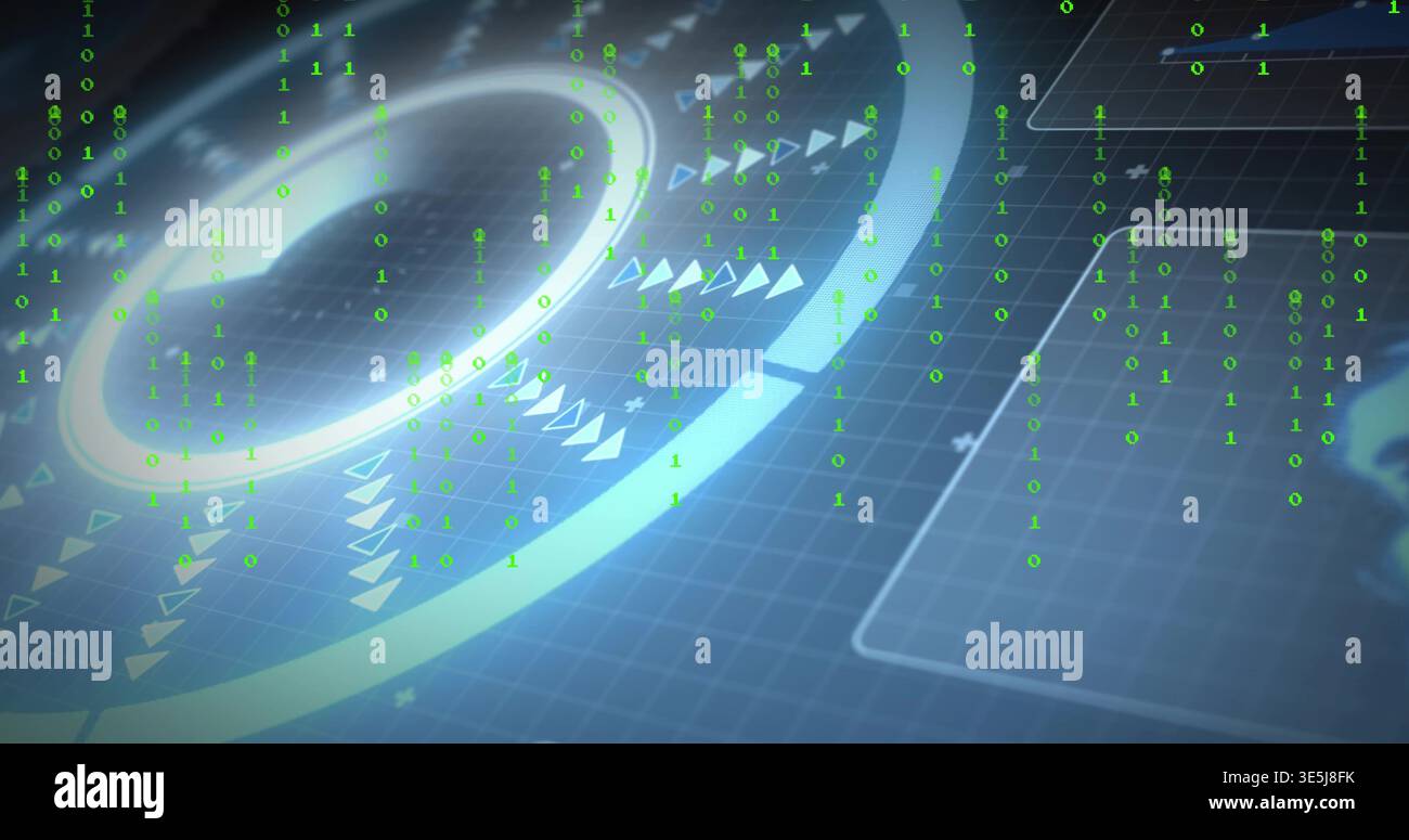 Glowing central HUD ring rotating over gridded digital plane, showing falling green binary digits Stock Photo