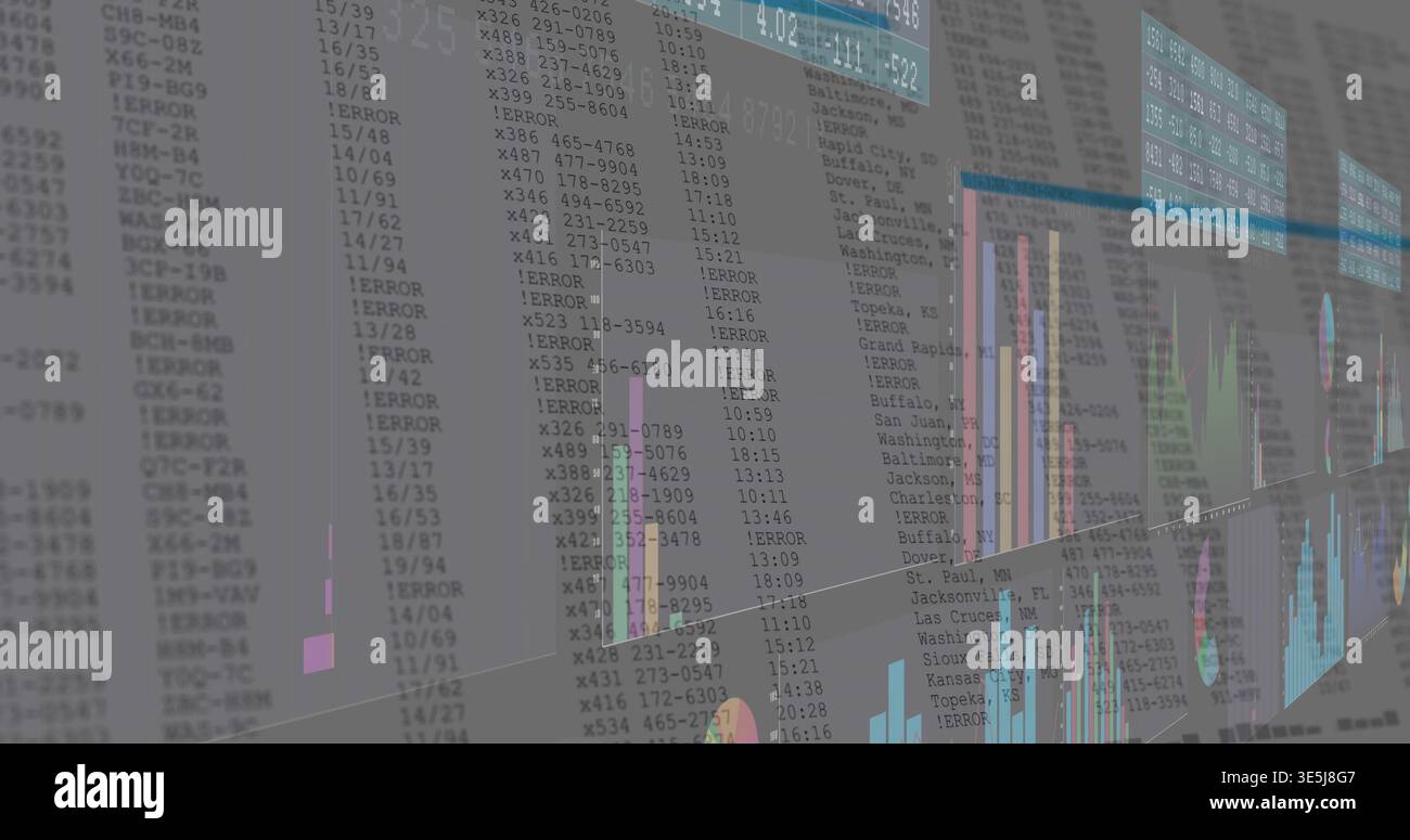 Displaying translucent glass dashboard, showing monospaced IDs, ERROR entries, bars, blue headers Stock Photo