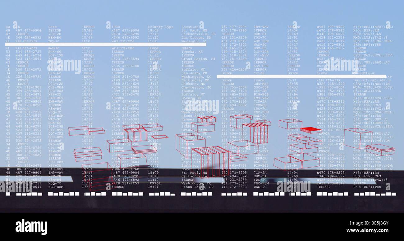 Showing digital dashboard displaying white text columns and red wireframe blocks on blue screen Stock Photo