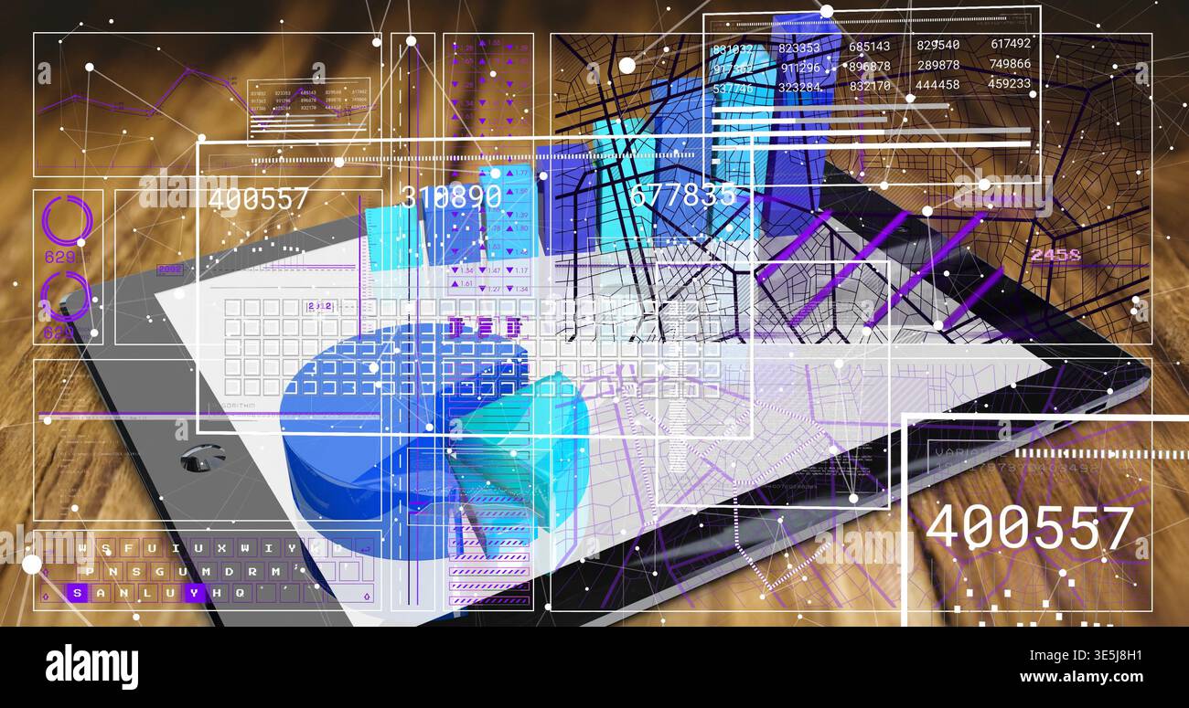 Displaying tablet computer projecting layered data visualizations on wooden desk, with 3D pie chart Stock Photo