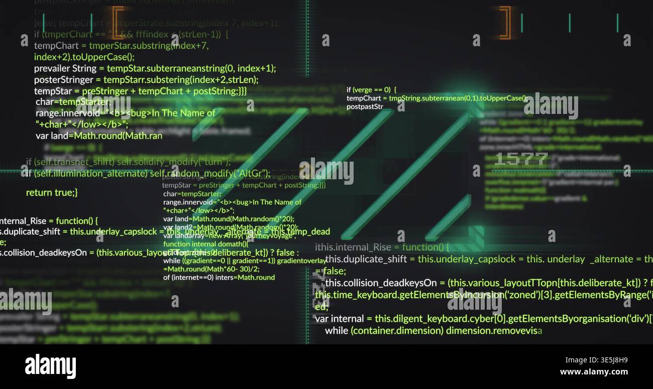 Displaying centered block showing layered source code and neon-green emblem at dev console HUD 1577 Stock Photo