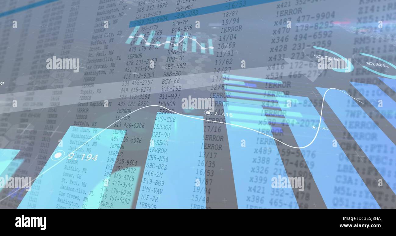 Displaying market data tilting in digital display showing blue bars cyan line code columns ERROR Stock Photo