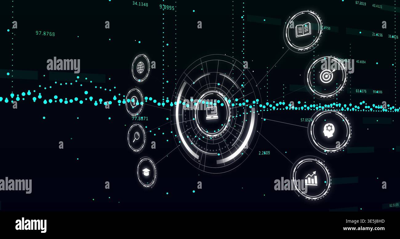 Displaying central circular HUD with laptop icon in virtual UI linking ...
