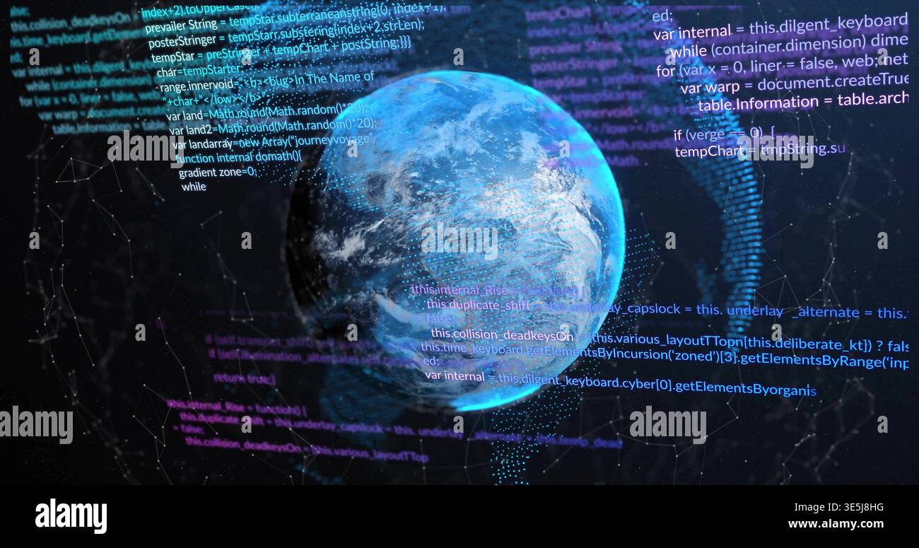 Glowing digital Earth globe rotating in cyberspace, showing floating code panels, mesh network Stock Photo
