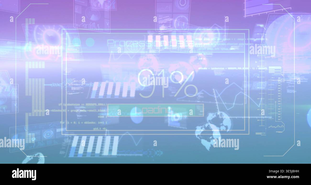 Displaying central HUD panel over virtual dashboard showing 91% loading bar and globe icons Stock Photo