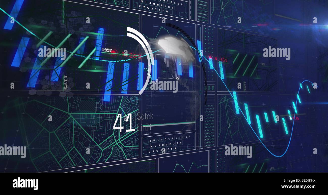 Displaying data dashboard showing vertical bars, cyan waveform, globe and gauge on analytics panel Stock Photo