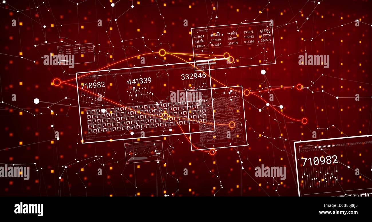 Showing central clear UI panel in cyber network, displaying keyboard, numeric labels, node markers Stock Photo