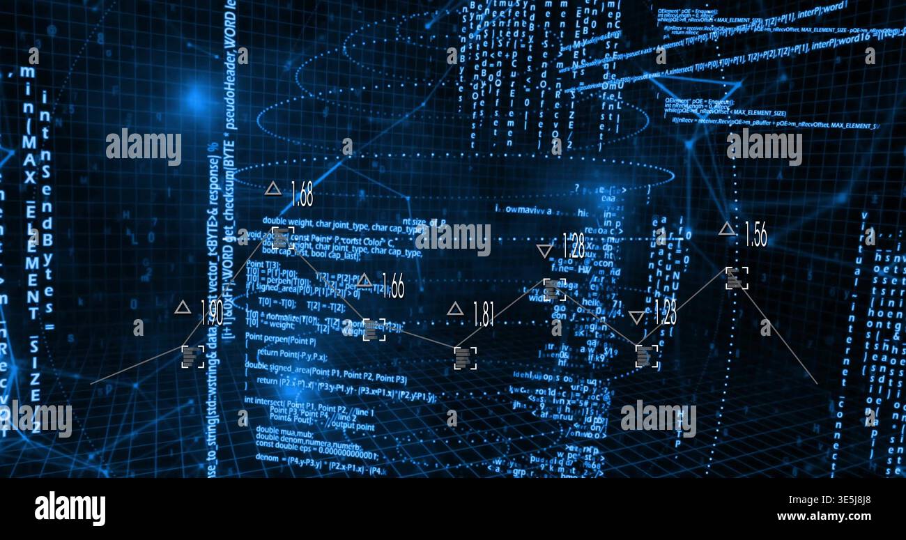 Displaying 3D wireframe head built from code streams over deep grid, showing numeric tags Stock Photo