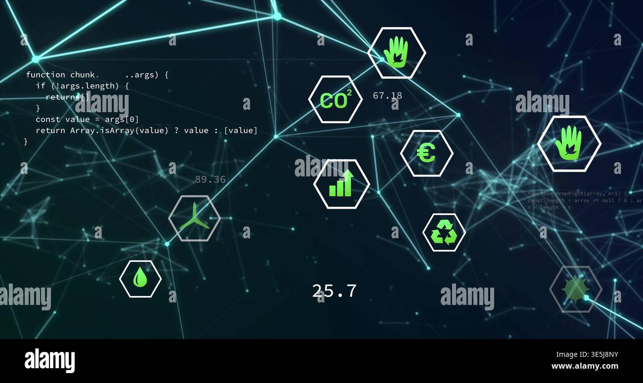 Displaying central network visual pulsing across virtual UI, showing hex badges and numeric labels Stock Photo