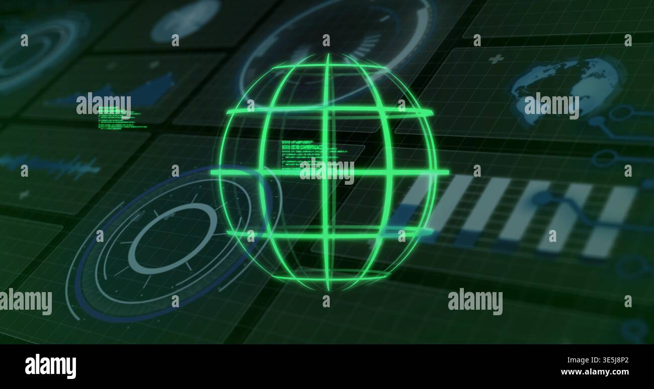 Hovering neon-green globe hologram projecting above virtual command console, with HUD panels Stock Photo