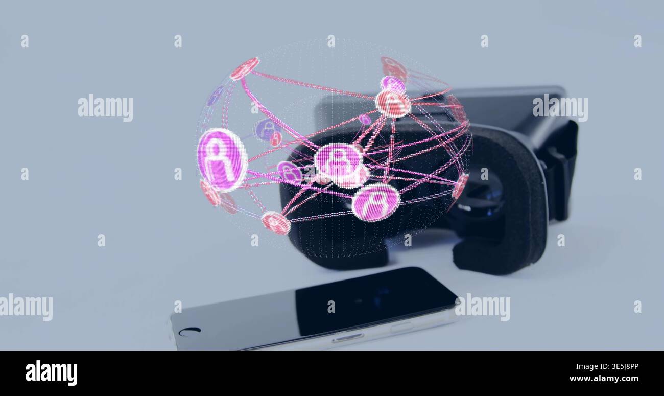 Displaying VR headset resting on pale-blue tabletop, showing smartphone and holographic globe Stock Photo