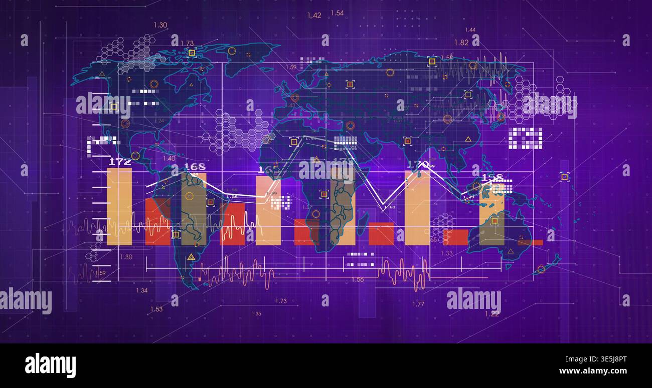 Displaying on-screen global panel showing map with orange red beige bars, white line, hex clusters Stock Photo
