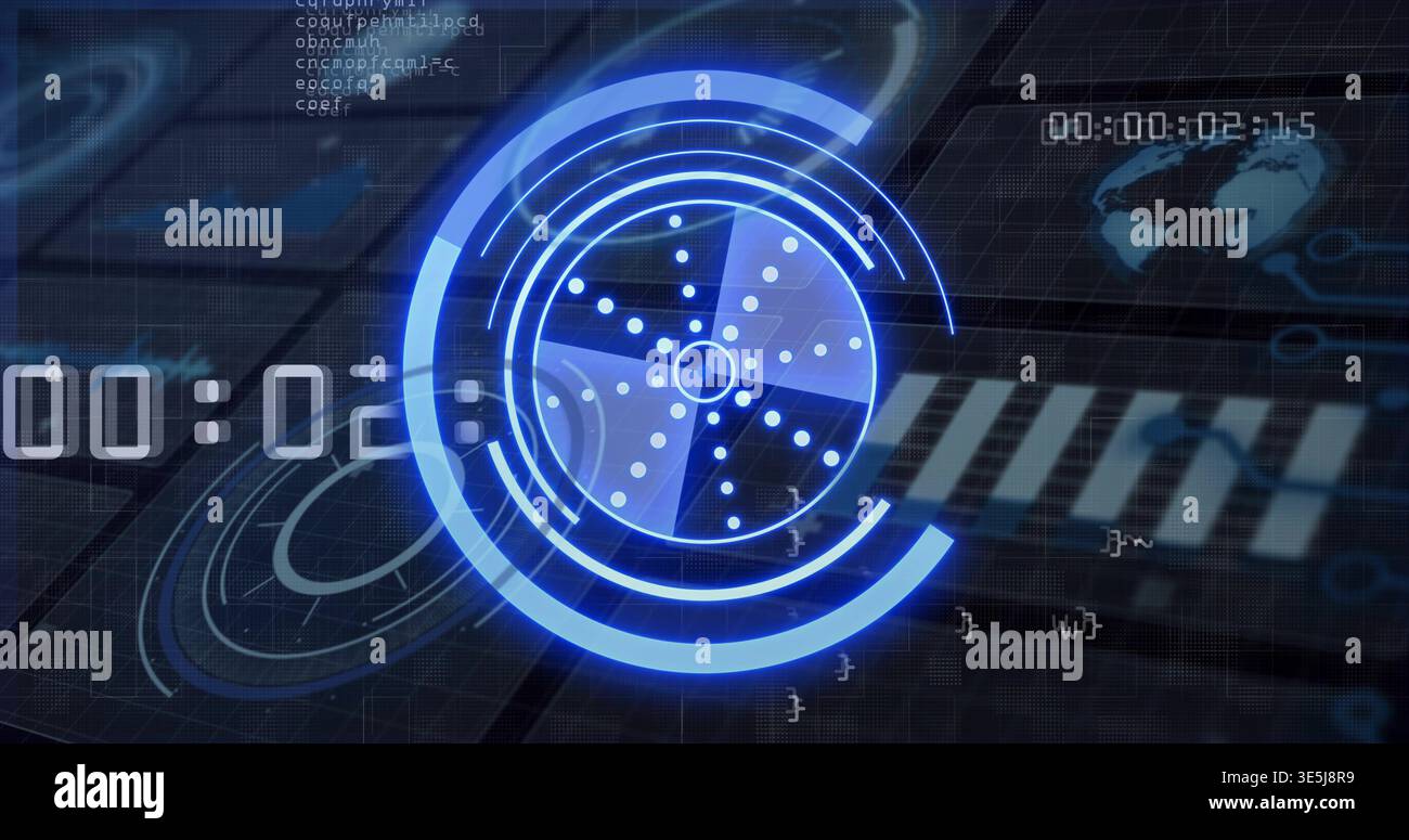 Displaying blue concentric HUD radar centered in control panel, showing rotating sectors and timer Stock Photo