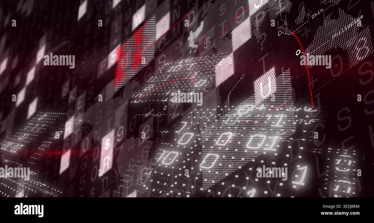 Glowing data wall moving in data corridor, showing binary and alphanumeric characters, tiles Stock Photo