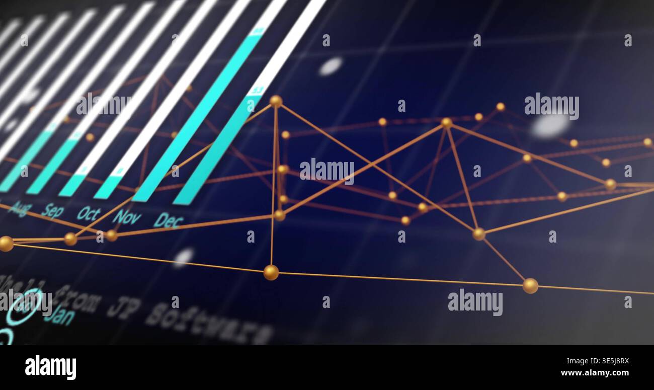Displaying 3D network data chart on digital dashboard, with teal bars, gold nodes, orange lines Stock Photo
