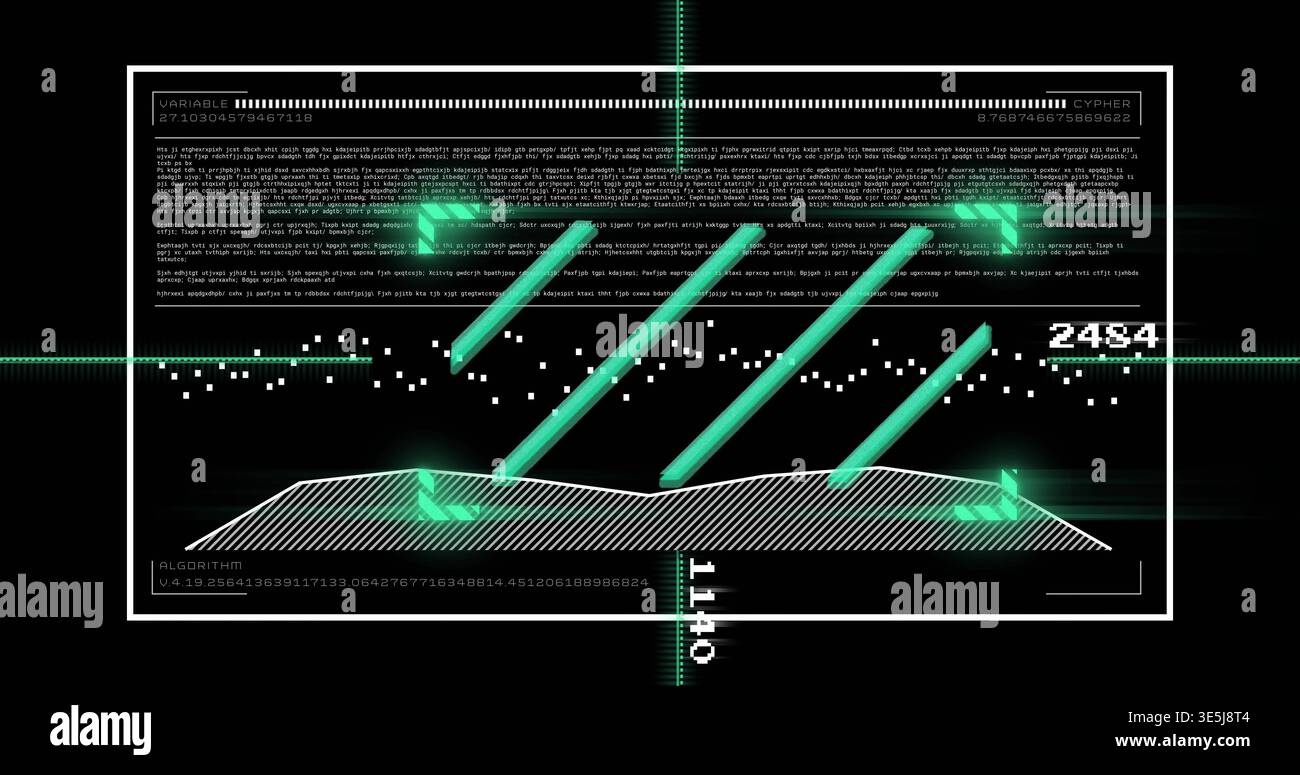Displaying centered HUD panel projecting five teal beams on black field, showing numeric readouts Stock Photo