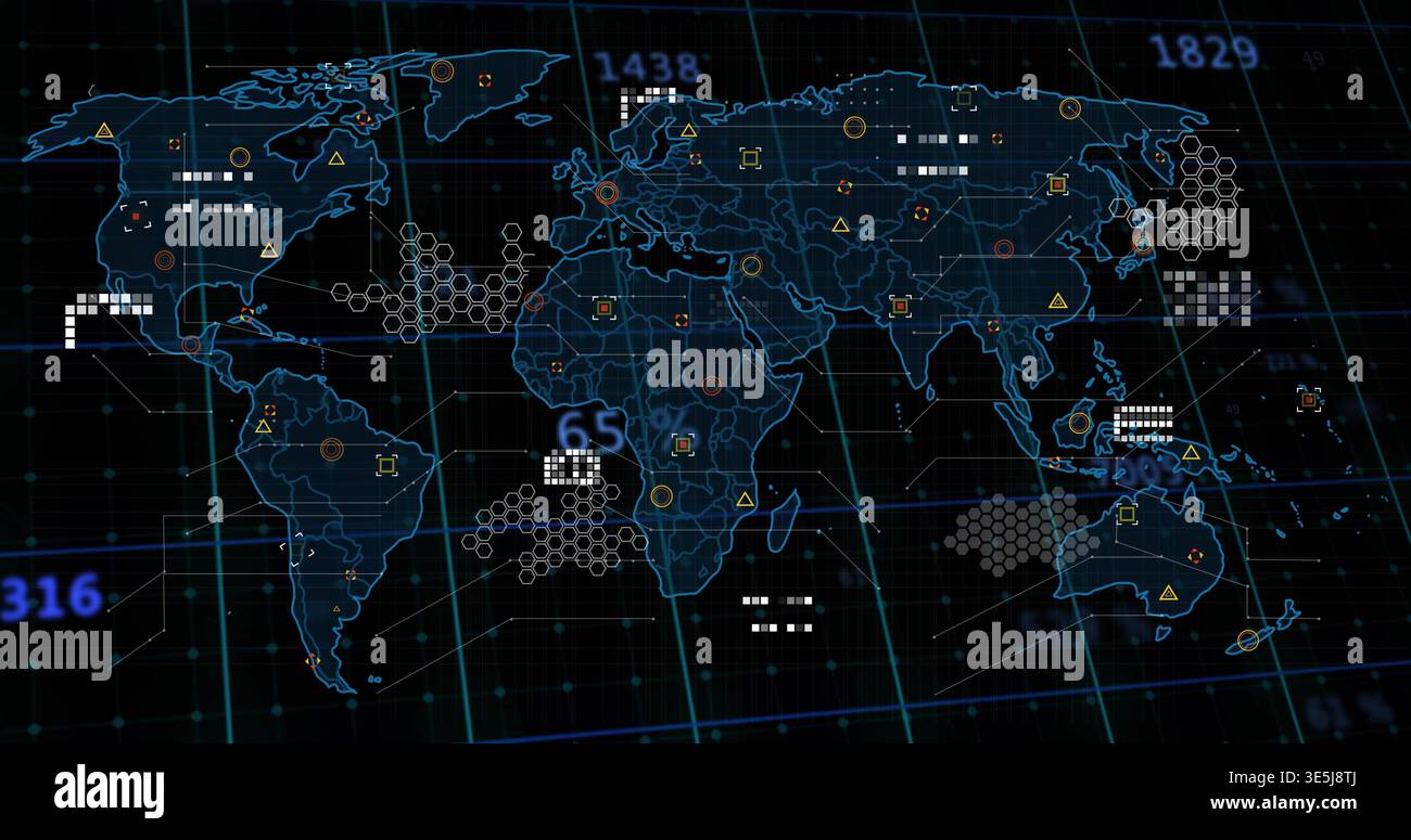 Displaying stylized blue world map on data console, showing hex clusters, markers, numeric labels Stock Photo