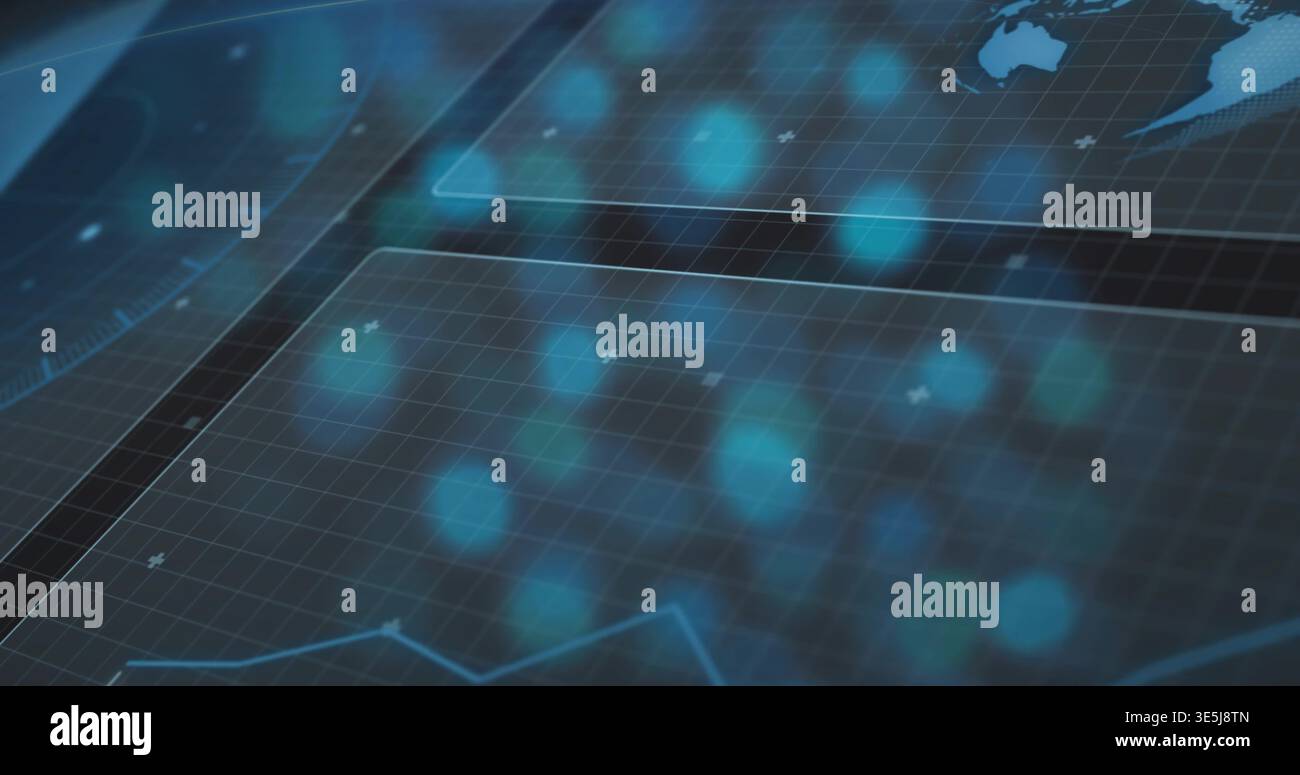 Central digital grid receiving live analytics feed, animating teal nodes and tracing line chart Stock Photo