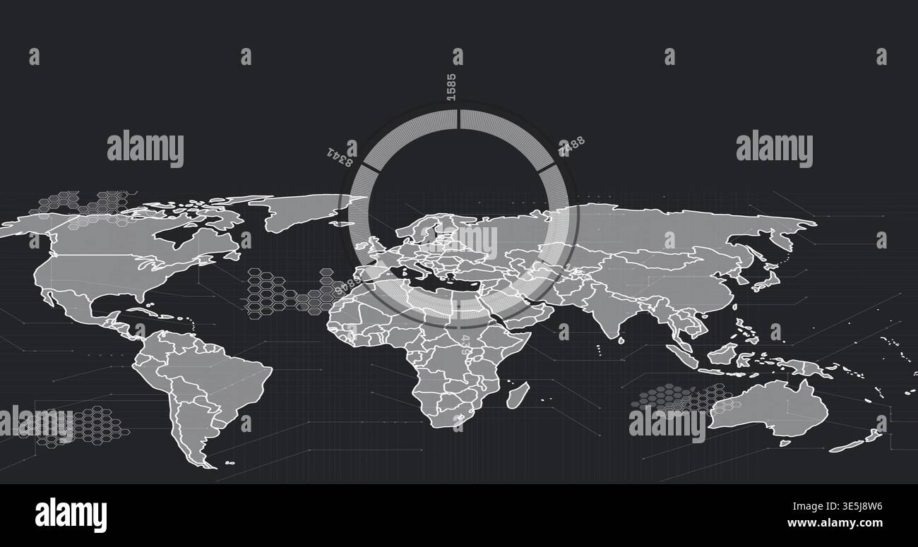 Displaying stylized world map with translucent radial chart on dark dashboard, showing hex clusters Stock Photo
