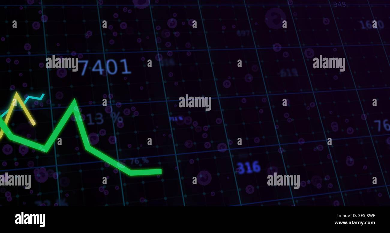 Displaying thick neon green zigzag line chart dominating dark dashboard, with numeric labels Stock Photo