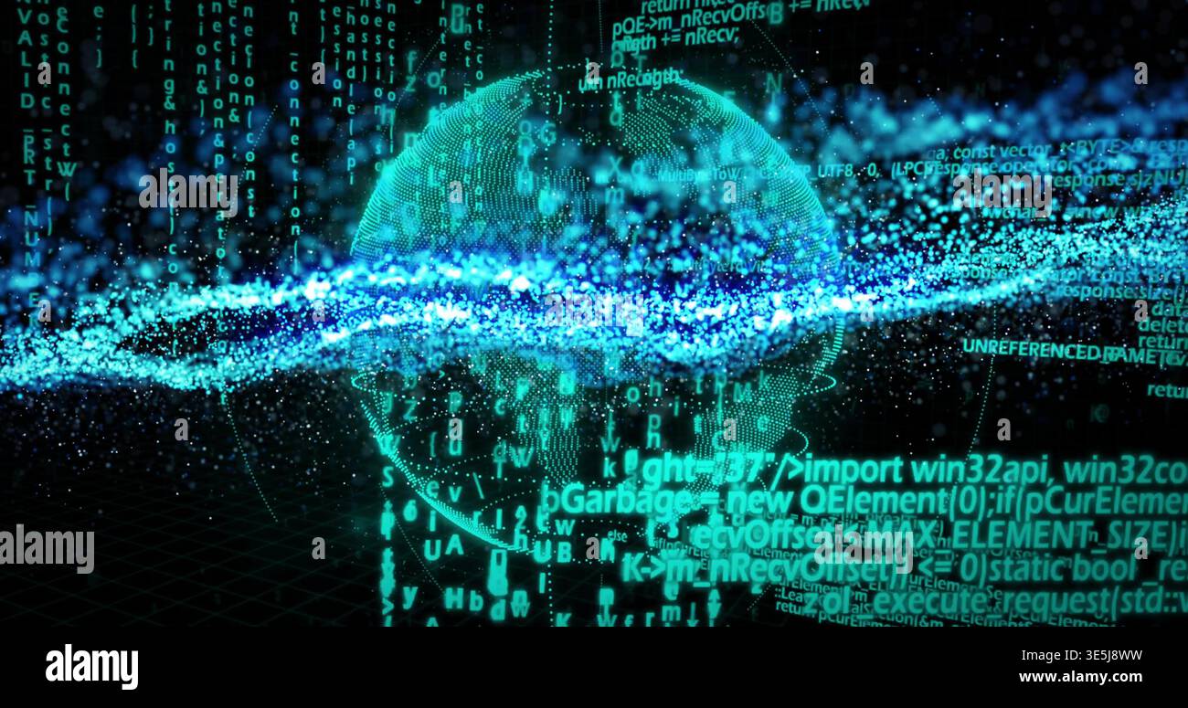 Rotating glowing 3D globe cutting bright particle ribbon in virtual space, with floating code Stock Photo