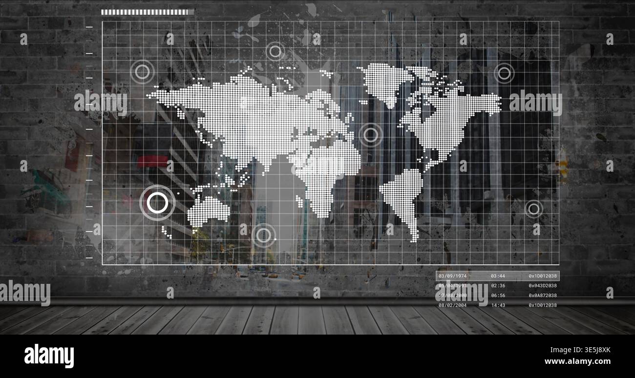 Displaying dotted world map graphic covering gallery wall, showing grid, target markers, data panel Stock Photo