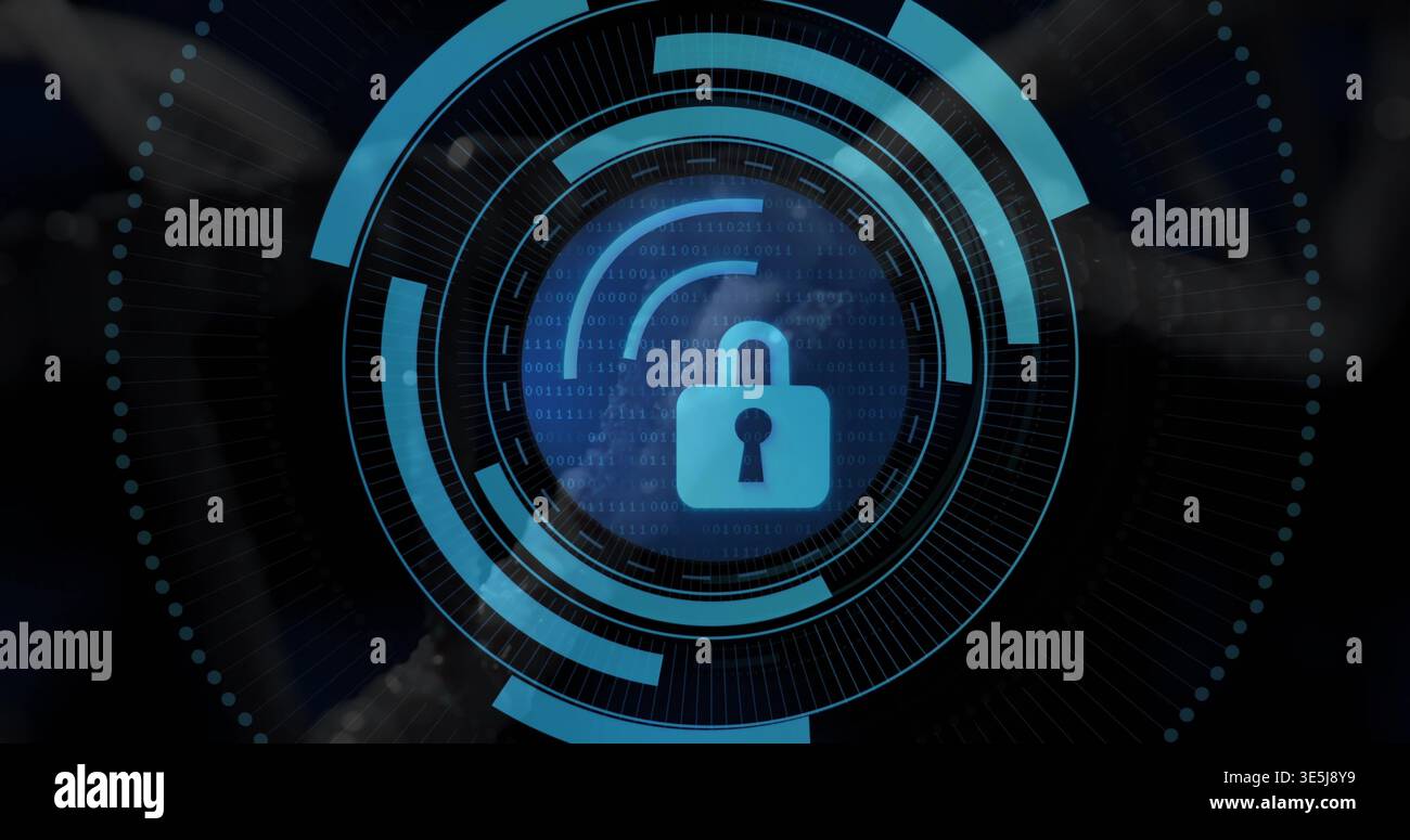 Displaying central blue padlock icon glowing inside cyber HUD, with binary code overlay Stock Photo