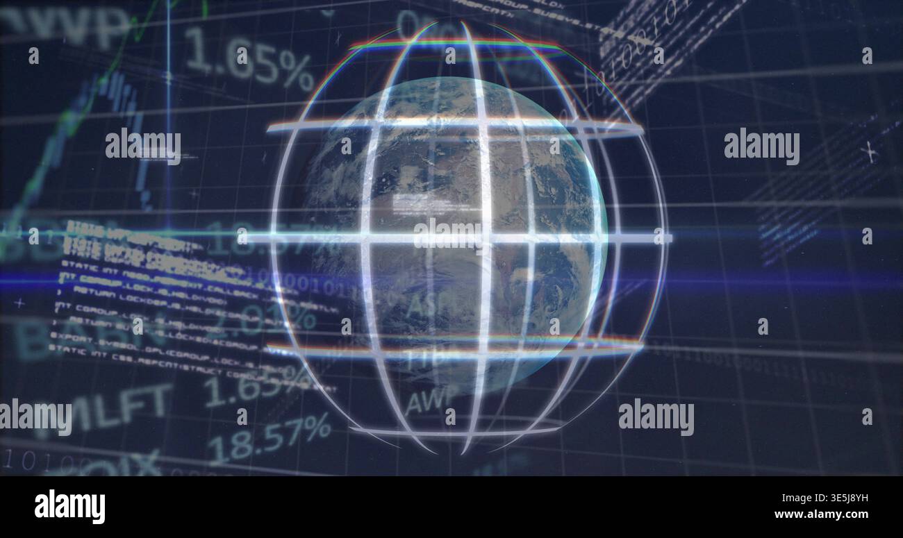 Rotating central Earth globe glowing inside wireframe sphere at data dashboard, showing percentages Stock Photo