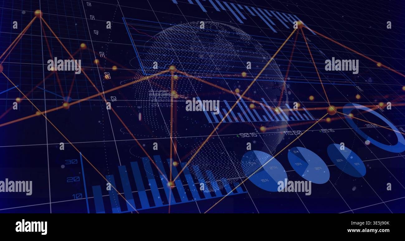 Displaying data visualization in virtual dashboard, showing dotted globe, blue bars, orange line Stock Photo