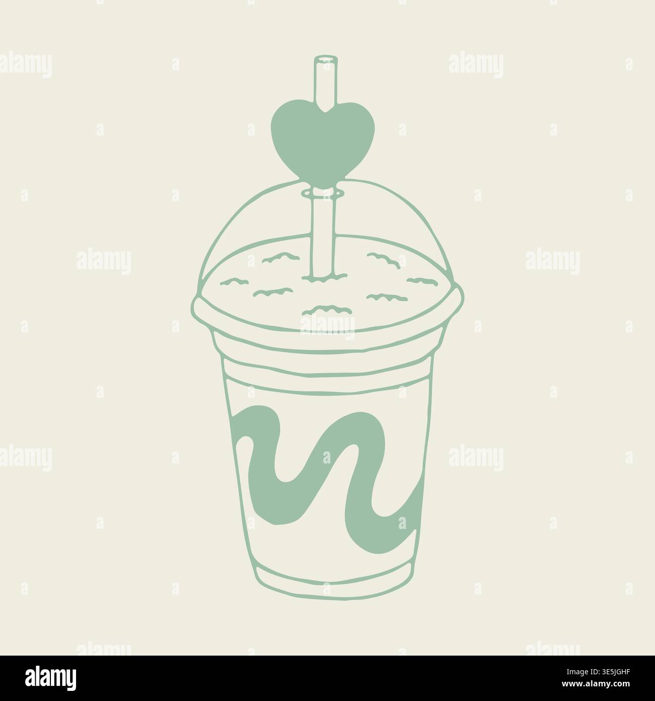 Hand drawn vector of a refreshing smoothie in a plastic cup with a dome lid and heart straw. Minimalist cold beverage illustration with wavy patterns Stock Vector