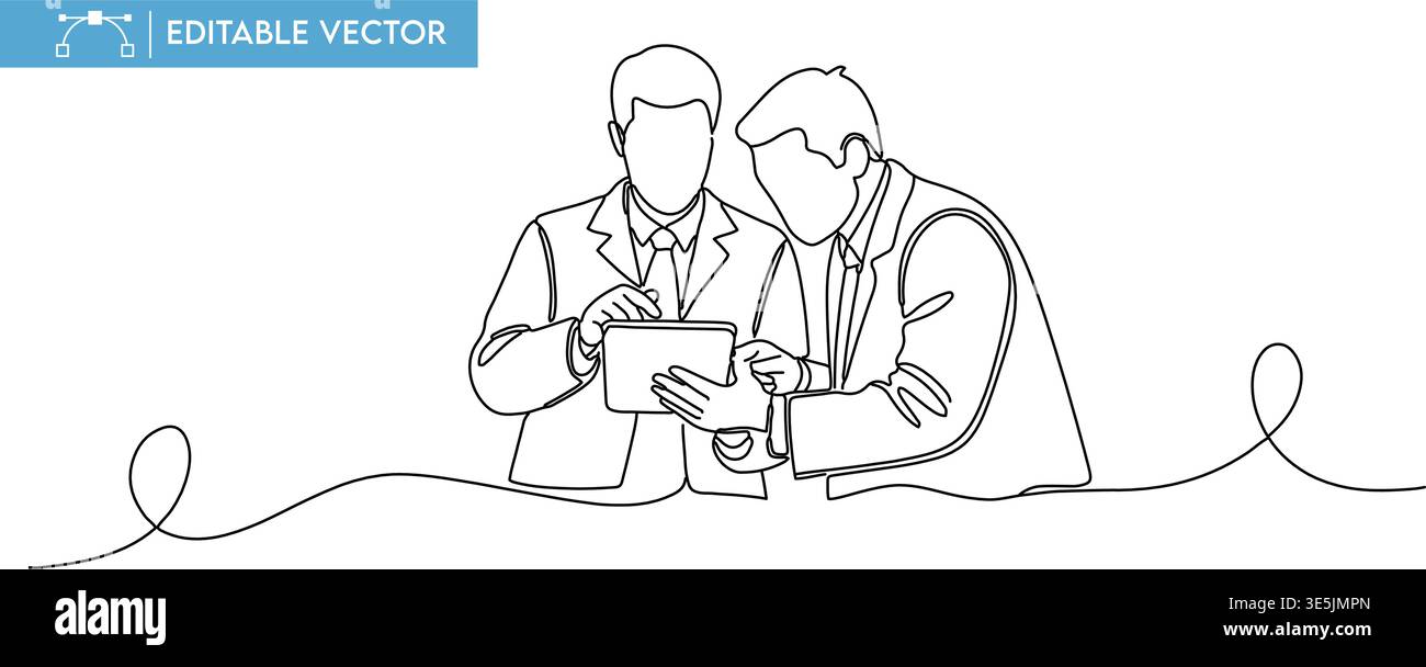 Continuous line art vector illustration of two business men collaborating with a tablet device. Stock Vector