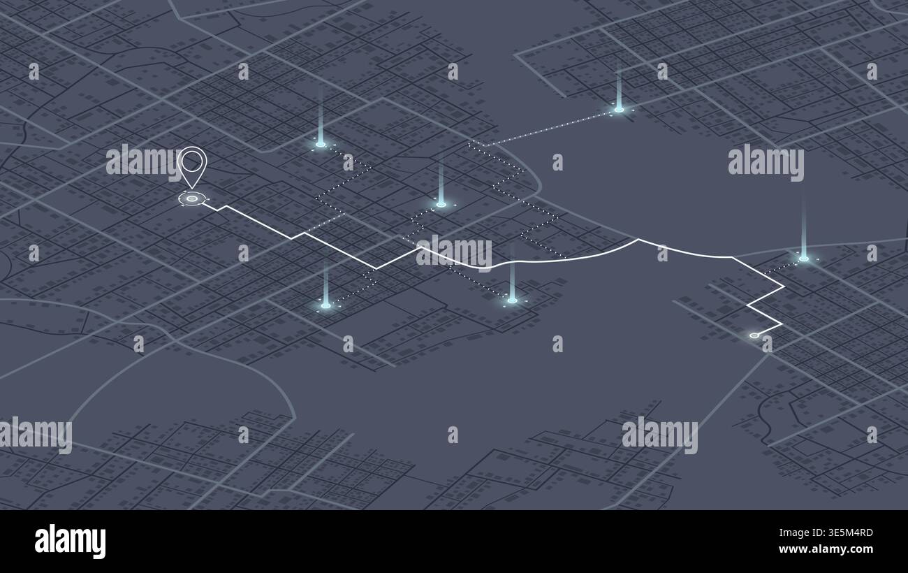 Isometric city map with glowing navigation path and connecting light ...