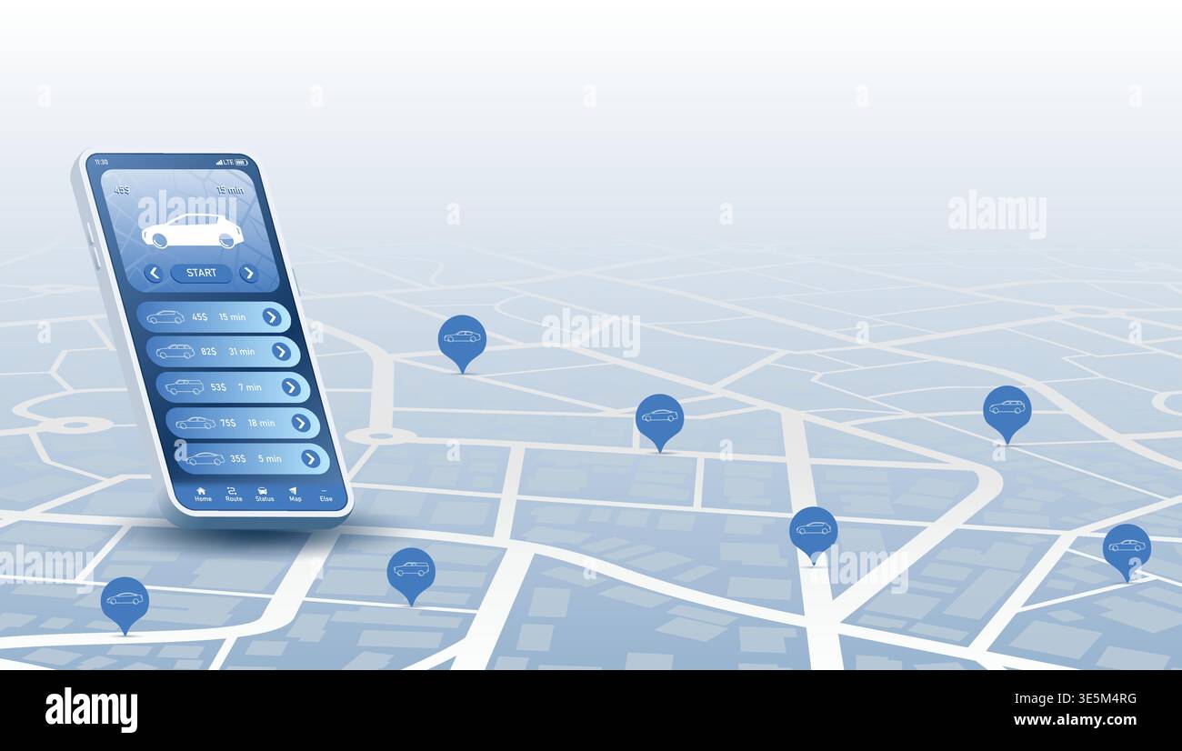 Smartphone displaying city map with taxi icon. Mobile application for booking cabs online, allowing users to select the right vehicle within the app Stock Vector
