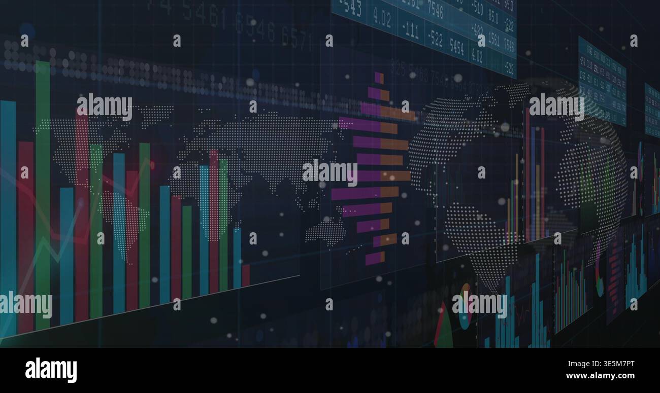 Displaying global analytics dashboard on dashboard with dotted world map, bar charts, tickers Stock Photo