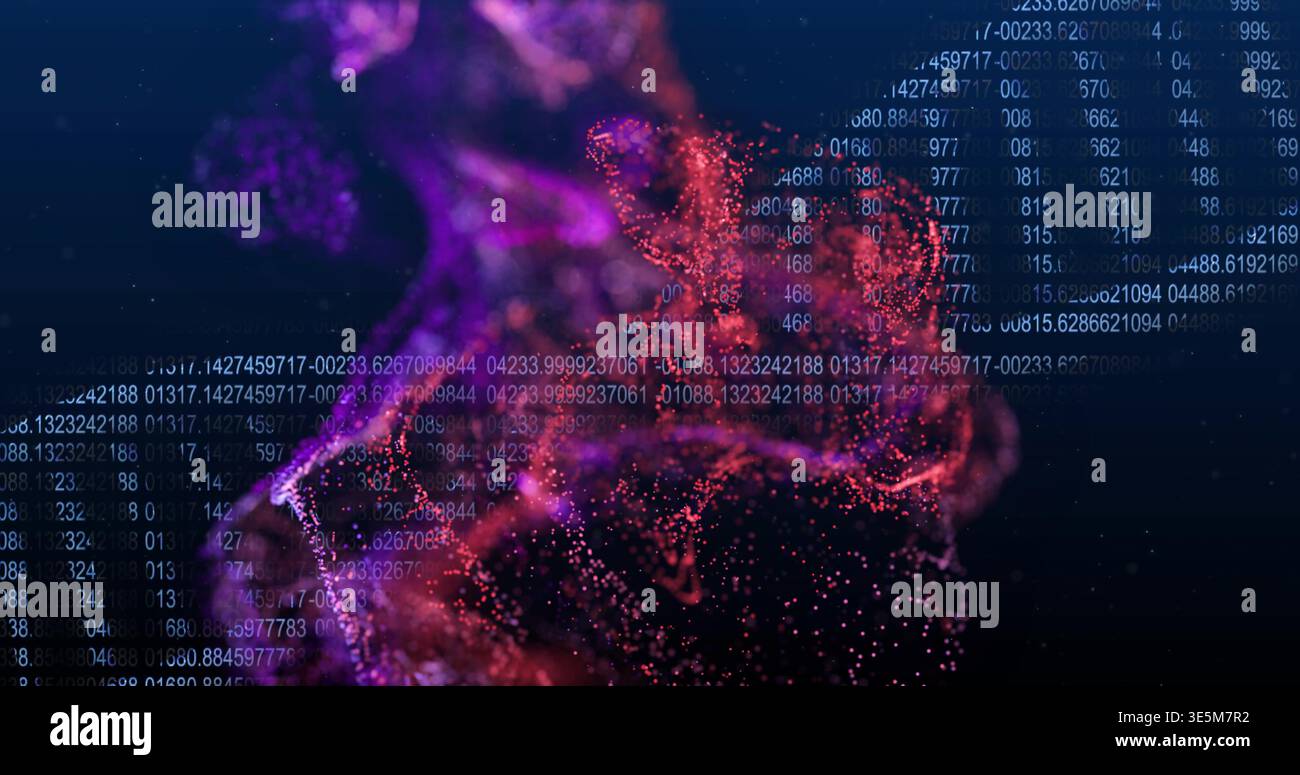 Swirling abstract particle cloud emitting numeric code overlay in virtual space, with glowing nodes Stock Photo