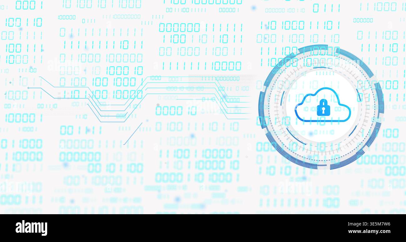 Displaying cloud padlock emblem inside circular HUD at UI with binary matrix, traces, copy space Stock Photo