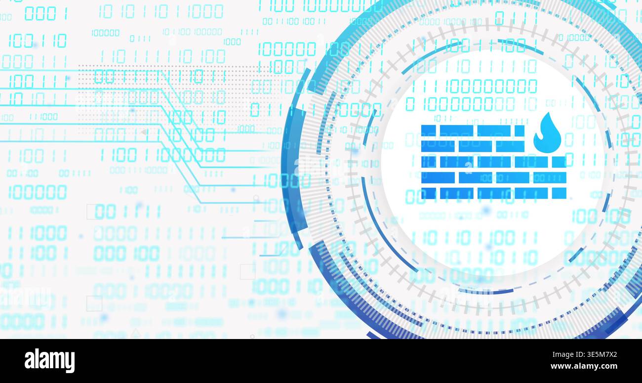 Displaying firewall icon within circular HUD in cybersecurity graphic, binary streaming, copy space Stock Photo